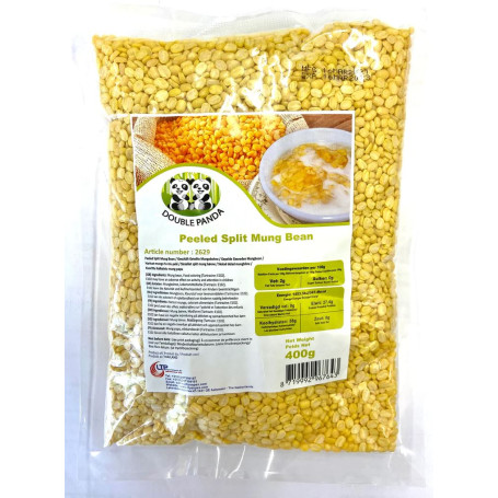 Double Panda Peeled Split Mung Bean - Mungbønne Linser 400g - Mungbønner er mættende, nemme at tilberede og er utroligt velegnede i asiatisk madlavning til alt fra suppe til moon cakes, karry, crêpes og klassisk dal !