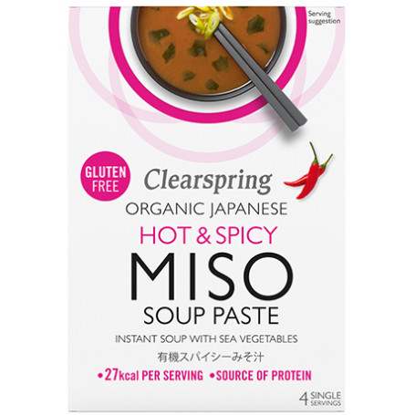 Clearspring Instant Miso Suppe Hot & Spicy Økologisk - Instant miso suppe pasta med masser af umami i smarte breve - lav lækker misosuppe på ingen tid! Pakken indeholder 4 breve á 15g.