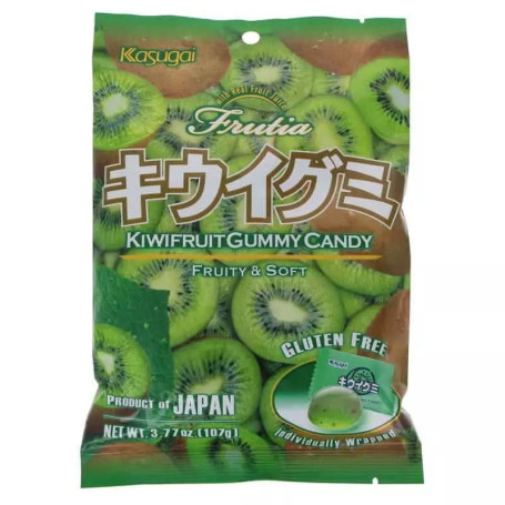 Kasugai Frutia Gummy Kiwi - Lækre, bløde japanske vingummier med ægte frugtjuice! Super aromatiske med smag af kiwi frugt.