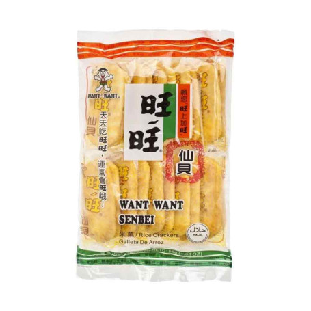 WantWant Original Senbei Crackers 112g - Sprøde, bagte Senbei riskager, der er perfekte sammen med en kop varm grøn te. Mildt krydret med salt, sojasauce og tang for en umamifyldt smag.