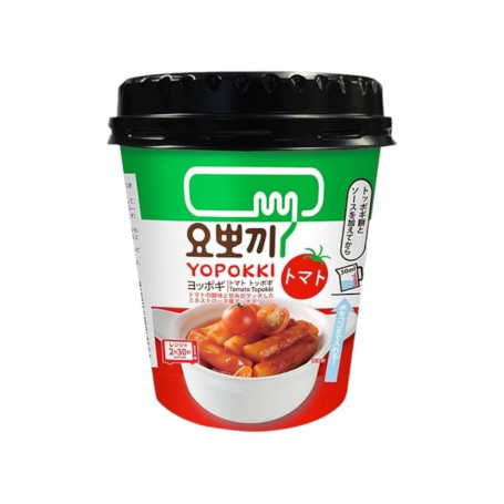 Yopokki Tomato Topokki Instant Riskager - Lækre chewy koreanske riskager, også kaldet Tteokbokki i smagfuld tomatsauce med italiensk inspiration. Tilberedes direkte i koppen på få minutter.