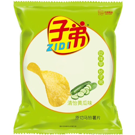 Zidi Potato Chips Cucumber Flavor 30g - Disse sprøde kartoffelchips har et unikt krydderi, der smager af frisk agurk! Både kuriøse og tilfredsstillende at snacke på!