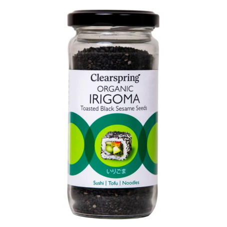 Clearspring Irigoma Økologisk Ristet Sort Sesam 100g - Ristede økologiske sesamfrø med flot farve og en dyb umamifyldt aroma - fås her på glas med praktisk skruelåg fra Clearspring.