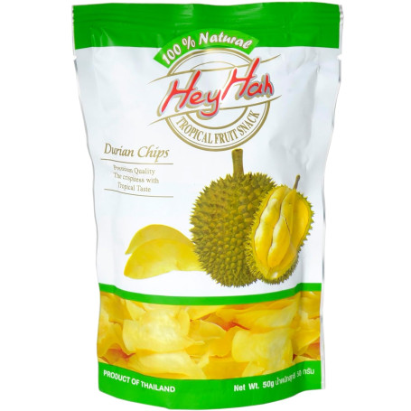 Durian Chips - Naturlig Thailandsk Snack 50g - Tørrede stykker thailandsk durian tilsat lidt salt og olie, der knaser og smager mildt af modne, tropiske frugter. Kan nydes direkte fra posen!