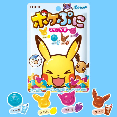 Lotte Pokémon PokePuni Gummy - Vingummi Mix 80g - Kawaii Pokémon vingummi med det helt rigtige bid og lækker smag af citron, drue, cola og soda. Temaet for denne pose er Pikachu, Eevee, Piplup og Gengar!