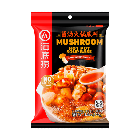 STOP MADSPILD (BEDST FØR 30/09/24) - Hai Di Lao Mushroom Hot Pot Seasoning 150g - Cremet, kinesisk suppebase med lækre svampe og rig smag, der både kan bruges til hot pot, stir-fry retter, asiatiske saucer og marinader.