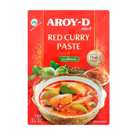 Aroy-D Red Curry Paste 50g - Fantastisk smagfuld og mellemstærk rød karrypasta fra Aroy-D. Her får du fuld smæk på den autentiske thailandske smag af red curry!