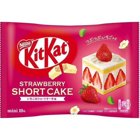 KitKat Minis Strawberry Shortcake - Smag på endnu en tilføjelse til KitKats store udvalg - smagen af frisk og fluffy japansk Strawberry Shortcake med hvid chokolade!