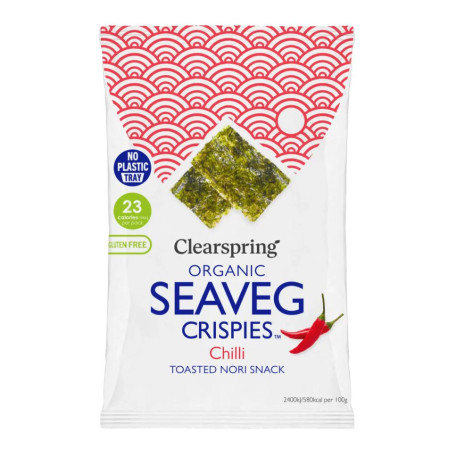 Clearspring Seaveg Crispies Chili - Økologiske Tang Chips - Tangchips med havsalt og chili. Vegansk, glutenfri snack med højt fiberindhold.