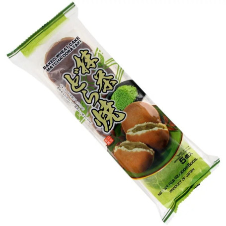 Hiyoshi Shiro An Matcha Dorayaki 5 stk. - En autentisk japansk kage med fyld af søde hvide bønner, matcha og honning mellem to bagte pandekager. De er fluffy og smager dejligt sødt. Pakke med 5 stk.