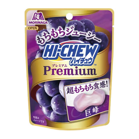 Hi-Chew Premium Kyoho Red Grape 35g - De klassiske Hi-Chew tyggekarameller - nu i en særlig premium udgave med en ekstra chewy kerne og forfriskende druesmag af typen Kyohoˎˊ˗☆⋆｡