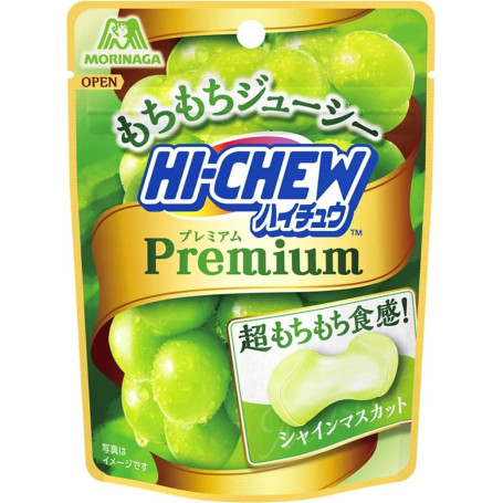 Hi-Chew Premium Shine Muscat Green Grape 35g - De klassiske Hi-Chew tyggekarameller - nu i en særlig premium udgave med en ekstra chewy kerne og forfriskende druesmag af typen Shine Muscatˎˊ˗☆⋆｡