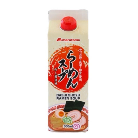 Marutomo Dashi 500ml - Shoyu Ramen Suppebase - Koncentreret Dashi bouillon baseret på kombu, røget bonito og shiitake - perfekt til Shoyu Ramen og som smagsgivende base i det japanske køkken generelt.