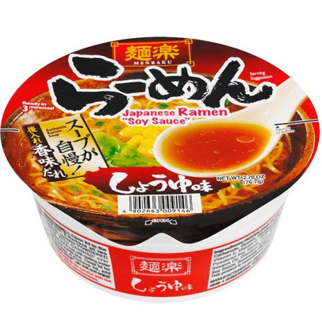 Hikari Menraku Cup Shoyu Ramen Instant Nudler - Aldeles slubreværdige kopnudler med klassisk Shoyu smag udviklet af Hikari Miso. Klar på 3 minutter - bekvemt, hurtigt og velsmagende!