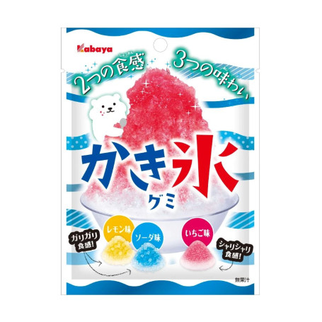 Kabaya Shaved Ice Fruit Kakigori Gummy 55g - Søde vingummier fra japanske Kabaya med sukkerkrystaller inspireret af sommerdesserten Kakigōri. Fås med smag af citron, soda og jordbær ʕ ·ᴥ· ʔ