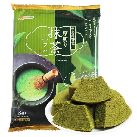 Marukin Atsugiri Uji Matcha Baumkuchen 8-pak - Baumkuchen er faktisk en ægte japansk kageoplevelse :.ﾟ✧:.ﾟ Her kombineres den klassiske kagering med ægte matcha fra Uji samt en super svampet baseopskrift!