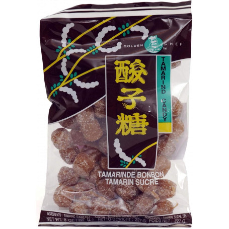 Golden Chef Tamarind Candy 125g - Kandiseret tamarind i slikform, der byder på en dejligt chewy konsistens og unik sød-syrlig smag. Værd at prøve, hvis man savner noget andet end vingummi !