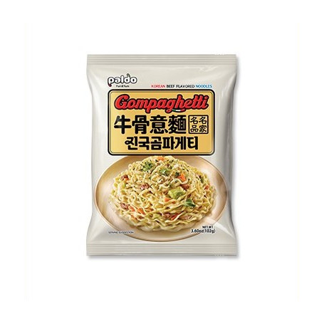 STOP MADSPILD (BEDST FØR 16/11/25) - KASSETILBUD (16 stk.) - Paldo Gompaghetti Instant Ramen Nudler - Den traditionelle koreanske oksekødssuppe 'Gomtang' møder italiensk spaghetti! Prøv den smagfulde og cremede Gompaghetti fusion fra Paldo :)