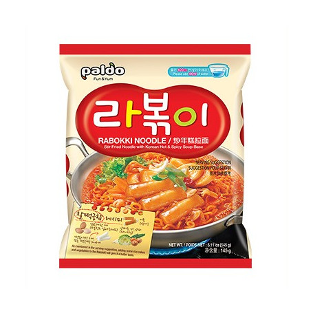 Paldo Hot & Spicy Rabokki Instant Ramen Nudler - Suppen, der typisk serveres med de koreanske tteokbokki riskager, møder ramen nudler i stedet! Rig og mættende ramyeon til alle, der elsker koreansk mad :)