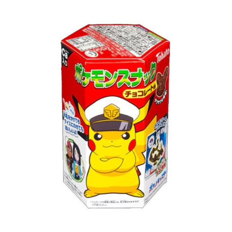 Tohato Pokémon Chocolate Corn - Sprøde, puffede chokolade snacks formet som små Pikachu hoveder. I hver pakke er der et Pokémon klistermærke.