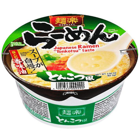 Hikari Menraku Cup Tonkotsu Ramen Instant Nudler - Aldeles slubreværdige kopnudler med klassisk Tonkotsu smag udviklet af Hikari Miso. Klar på 3 minutter - bekvemt, hurtigt og velsmagende!