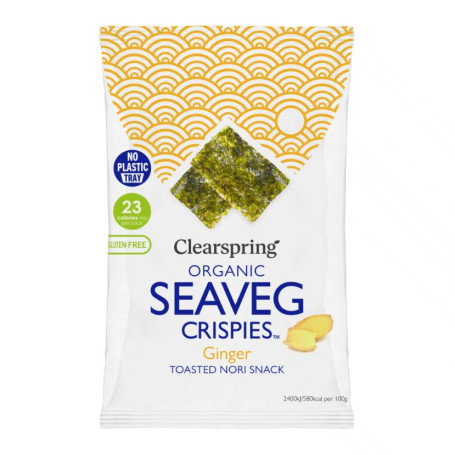 Clearspring Seaveg Crispies Ingefær - Økologiske Tang Chips - Tangchips med havsalt og ingefær. Vegansk, glutenfri snack med højt fiberindhold.