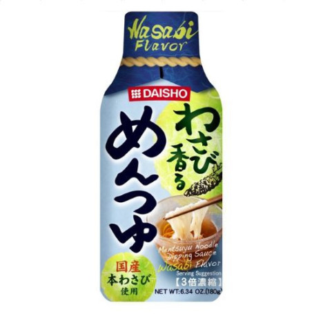 Daisho Wasabi Mentsuyu Sauce Base 180ml - Japansk Mentsuyu base til dyppesauce og suppe til nudler med en smagfuld, skarp profil fra wasabi. Velegnet til retter som Zaru Soba, Somen og Tsukemen.
