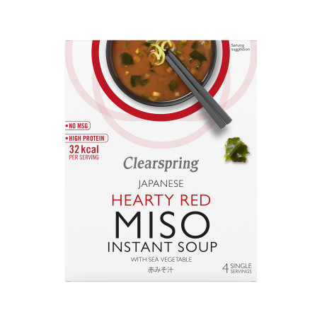 Clearspring Instant Miso Suppe Rød Miso med Wakame Tang - Instant rød miso suppe med wakame tang i smarte breve - lav lækker misosuppe på ingen tid! Pakken indeholder 4 breve á 10g.
