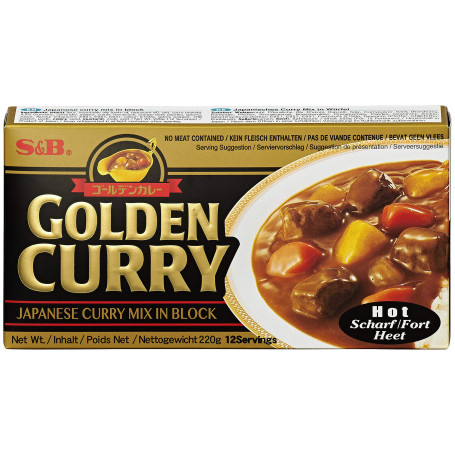 STOP MADSPILD (BEDST FØR 07/02/24) - S&B Golden Curry Hot 220g - Japansk karry blanding - stærk chili styrke. Bruges til de klassiske japanske karryretter.