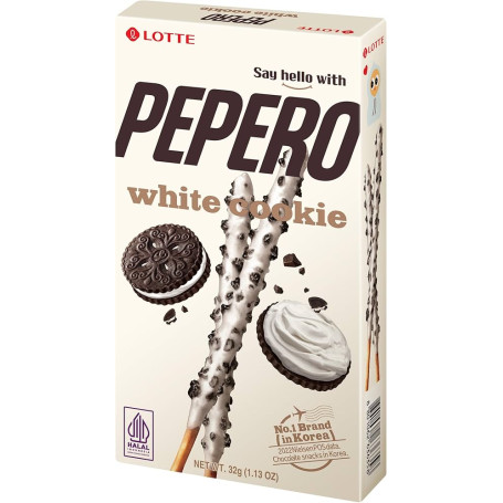 Lotte Pepero White Cookie 32g - Lotte Pepero White Cookie er koreanske sprøde kiksestænger og lækkert chokoladeovertræk med cookie crumble ala cookies & cream. En sand nydelse!