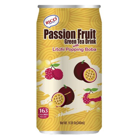 Rico Passion Fruit Green Tea Litchi Popping Boba 340ml - Fantastisk Bubble Tea med smag af passionsfrugt og grøn te med forfriskende, frugtige, poppende boba perler med litchi - færdigblandet og klar til at drikke!