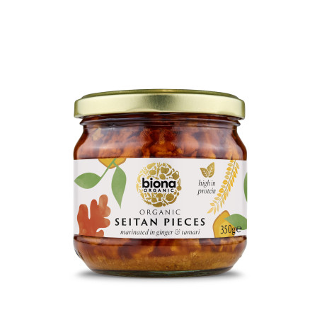 STOP MADSPILD (BEDST FØR 31/12/24) - Biona Økologisk Marineret Seitan i Glas - Seitan-stykker i en smagfuld marinade med ingefær og tamari. Perfekt som lækker køderstatning i det vegetariske og veganske køkken.