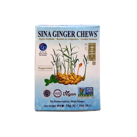 Sina Ginger Candy Peppermint - Ingefærslik med Pebermynte 56g - Lækkert ingefærslik, der er kendt og elsket i mange asiatiske lande. Behagelig skarphed fra ingefær, friskhed fra pebermynte og sødme fra rørsukker