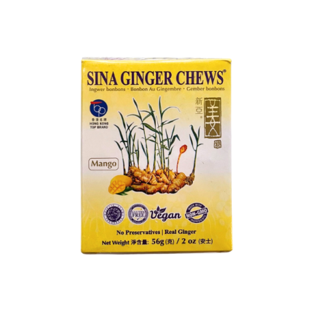 Sina Ginger Candy Mango - Ingefærslik med Mango 56g - Lækkert ingefærslik med mangosmag der er kendt og elsket i mange asiatiske lande. Behagelig skarphed fra ingefær og sødme fra rørsukker.