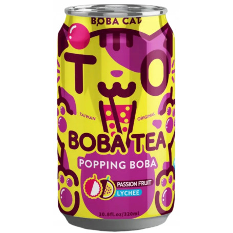 Boba Cat Passion Fruit Green Tea Litchi Popping Boba 320ml - Popping Boba Tea fra Taiwan med lækker frugtsmag fra litchi og passionsfrugt, færdig og klar til at drikke! Prøv den sjove Boba Cat tedrik lige her ヽ(=^･ω･^=)丿