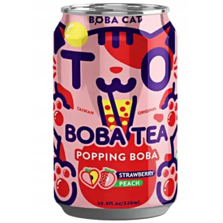 Boba Cat Peach Black Tea Strawberry Popping Boba 320ml - Popping Boba Tea fra Taiwan med lækker frugtsmag fra fersken og jordbær, færdig og klar til at drikke! Prøv den sjove Boba Cat tedrik lige her ヽ(=^･ω･^=)丿