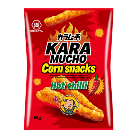 Koikeya Spicy Karamucho Corn Snacks - Fantastiske sprøde majssnacks fra japanske Koikeya med sød og spicy chilismag. Prøv Japans egen spicy favoritsnack lige her!