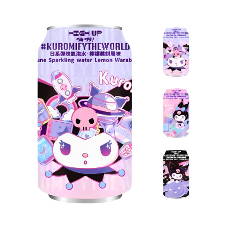 Sanrio Kuromi Ramune Lemon Warabi Mochi Sparkling Water - Læskedrik med spændende ny Ramune Lemon Warabi Mochi smag! Forfriskende let og sprudlende danskvand bragt til dig i den sødeste dåse med Sanrio's Kuromi (*≧ω≦*)