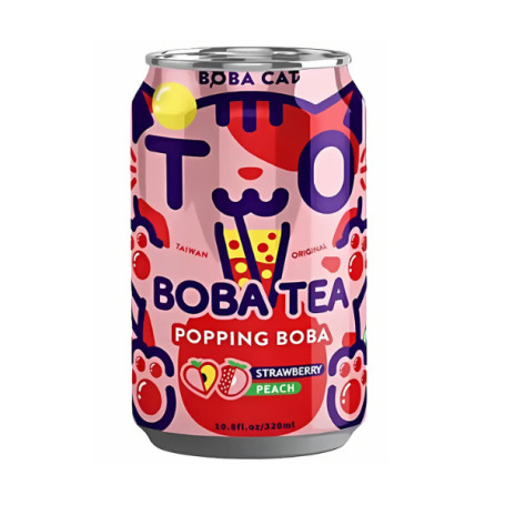 Boba Cat Peach Black Tea Strawberry Popping Boba 320ml - Popping Boba Tea fra Taiwan med lækker frugtsmag fra fersken og jordbær, færdig og klar til at drikke! Prøv den sjove Boba Cat tedrik lige her ヽ(=^･ω･^=)丿