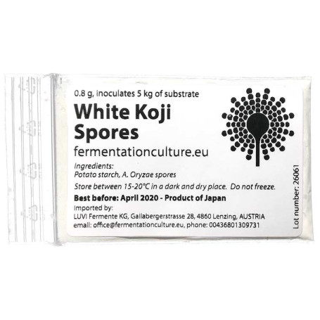 STOP MADSPILD (BEDST FØR 31/10/26) - White Koji Sporer 0,8g - Modsat mange andre Koji sporer, har denne stamme helt hvide sporer. Den bruges hovedsageligt til lys/hvid miso og Amazake.