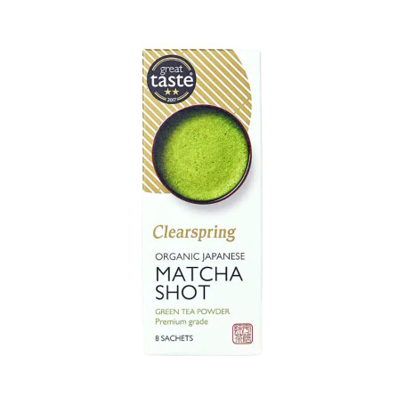 Clearspring 8 stk Økologisk Premium Matcha Shot - Få en afmålt mængde premium matcha til dit Matcha Shot med brevene fra økologiske Clearspring. Pakken indeholder i alt 8 breve :)