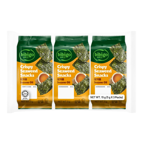 Bibigo Sesame Nori Tang Snack (3x5g) - 3 pakker á 5g nori tangsnacks med lækker smag af sesam. Pakket for maksimal friskhed og sprødhed.