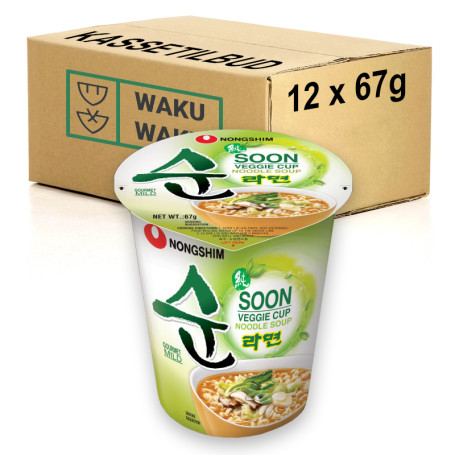 STOP MADSPILD (BEDST FØR 25/06/26) - KASSETILBUD (12 stk.) - Nongshim Cup Soon Veggie - Soon Veggie Ramyun Cup er en let og lækker instant nudel, spræng fyldt med lækre grøntsager der mætter, men ikke over-mætter ;) 