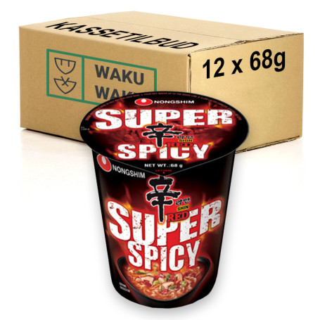 STOP MADSPILD (BEDST FØR 18/06/26) - KASSETILBUD (12 stk.) - Nongshim Red Cup Super Spicy - En kopnuddel på farten, der virkelig pakker smag så det batter! Ramyun med godt bid til sig i en stærk suppe – Shin Red er den stærkeste Shin Ramyun på markedet