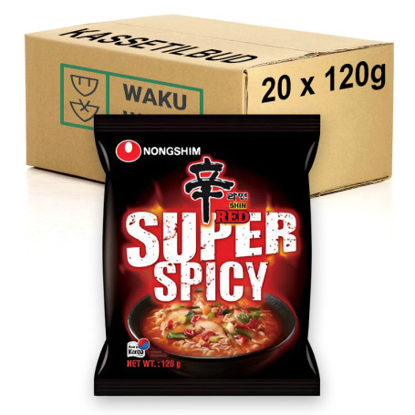 STOP MADSPILD (BEDST FØR 07/08/25) - KASSETILBUD (20 stk.) - Nongshim Shin Red SUPER SPICY Instant Nudler - Oplev alletiders instant nudler, der, ifølge sloganet, kan få selve livet til at græde. Shin Ramyun er Koreas stolthed - og Shin Red er super spicy!