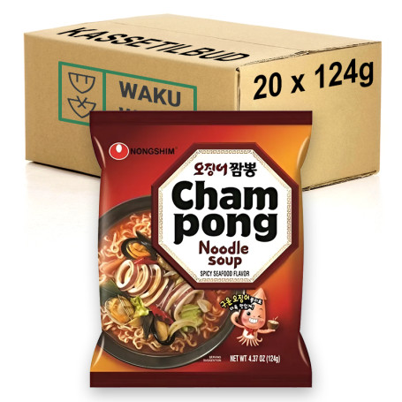 KASSETILBUD (BEDST FØR 24/07/25) - Nongshim Seafood Champong Instant Nudler - Koreansk Champong Ramyun med lækre ingredienser fra havet, stykker af blæksprutte samt chilipeber og hvidløg i en både mættende og smagfuld nudelsuppe.