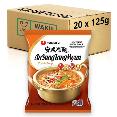 KASSETILBUD (BEDST FØR 04/06/26) - Nongshim AnSung TangMyun - Spicy miso noodle soup with a milder spice, this miso-based noodle soup is a long-time favourite in Korea, originating from the old town Anseoung.