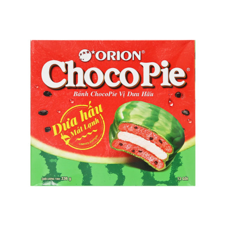 Orion Choco Pie Limited Edition Watermelon - Denne uimodståelige dessert forener den ikoniske Choco Pie og den dejlige, sommerlige smag af vandmelon, hvid chokolade, skumfidus (╯✧▽✧)╯