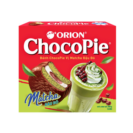 Orion Choco Pie Matcha Azuki Red Bean - Denne uimodståelige dessert forener den ikoniske Choco Pie og klassisk, japansk wagashi med smag fra matcha, azuki bean, chokolade, skumfidus (╯✧▽✧)╯