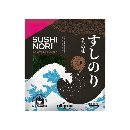 Allgroo Gold Sushi Nori 10stk - Nori tangplader af god kvalitet til sushi, bento og meget andet. Sprødt og velsmagende standard tilbehør til japanske retter.